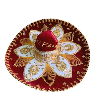 MEXICAN MARIACHI HAT , charro , sombrero , mariachi , one size , 22" , adult , costume , Red & Gold