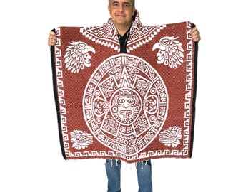 MEXICAN AZTEC  PONCHO With Hood , One Size , Winter Poncho , Unisex ,Soft inside , Terracotta
