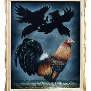 18" x 22" HAND PAINTED ROOSTER , Velvet painting , Framed , signed , Vintage painting ,  Rooster , Gallo Colorado