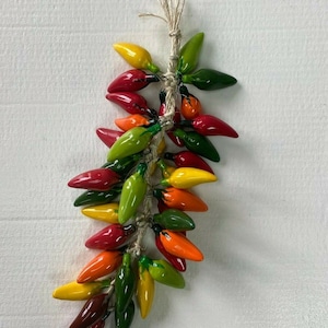 CERAMIC JALAPENO RISTRA , Chili peppers , wall décor , hanging art , mexico ,  multicolor