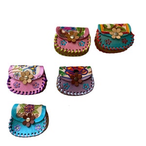 5 pc wholesale set , MINI FLOWER PURSE , Hand Tooled Leather , crossbody 3&quot; X 3.5&quot;