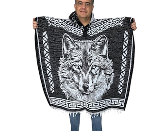 MEXICAN WOLF  PONCHO With Hood , One Size , Winter Poncho , Unisex ,Soft inside ,  B&W