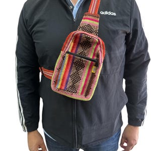PINZON TRAVEL BAG , chest bag , pechera , 10&quot; x 6.5&quot; , hippie gear , made in Mexico , adjustable strap , Bright multicolor.