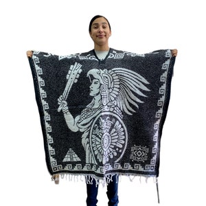 MEXICAN PONCHO AZTECA  , One Size , Winter Poncho , Unisex , B&W