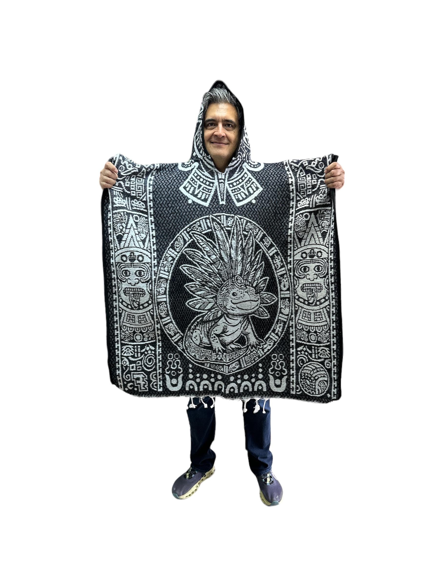 Mexican PONCHO With Hood , AXOLOTL - HUMMINGBIRD , One Size