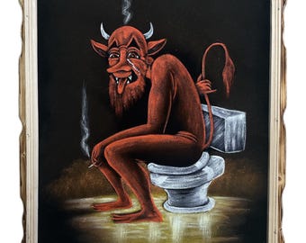 Diablo pintado a mano de 18" x 22", pintura sobre terciopelo, enmarcada, pintura vintage, diablo en el inodoro, arte popular, cantina