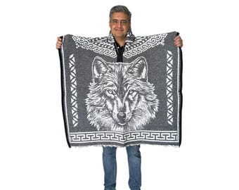 MEXICAN WOLF  PONCHO With Hood , One Size , Winter Poncho , Unisex ,Soft inside ,  Light Gray