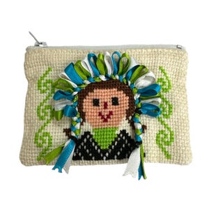 HANDMADE LELE COINPURSE, small coin purse, made in mexico , lele doll, 4.5&quot; x 3&quot;, embroidered by hand , cross stich
