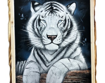 1970s Framed White Tiger Painting on Black Velvet, Boho