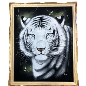 18&quot; x 22&quot; HAND PAINTED TIGER , Velvet painting , Framed , signed , Vintage painting ,White  tiger painting