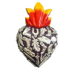Small  MILAGROS SACRED HEART, real wood, Milagros , Mexican folk art, made in Mexico , small  sacred heart, Manda , 5 x 3.5&quot; , Purple