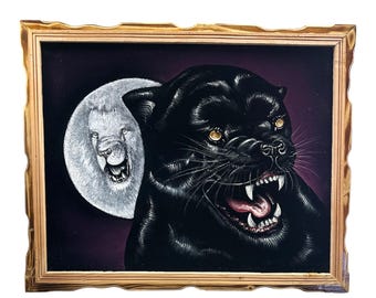 18" x 22" HAND PAINTED PANTHER , Velvet painting , Framed , signed , Vintage painting , Lion , Panther