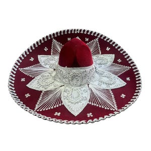 MEXICAN MARIACHI HAT , charro , sombrero , mariachi , one size , 22" , adult , costume , Burgundy - Silver