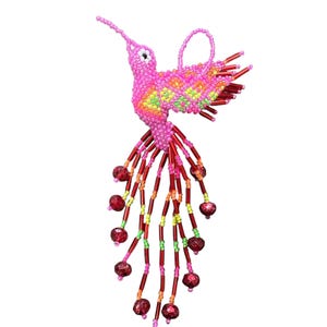 BEADED HUMMINGBIRD , hand made in Mexico  , 5" , one piece , seed beads ,Pink
