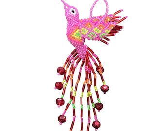 BEADED HUMMINGBIRD , hand made in Mexico  , 5" , one piece , seed beads ,Pink