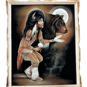 18&quot; x 22&quot; HAND PAINTED Chief & Bear, Velvet painting , Framed , signed , Vintage painting