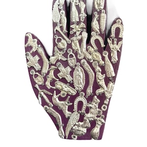 MILAGROS HAND , real wood, Milagros , Mexican folk art, made in Mexico , Manda , 6.5 x 4.5&quot; , Violet