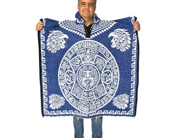 MEXICAN AZTEC  PONCHO With Hood , One Size , Winter Poncho , Unisex ,Soft inside , Royal Blue