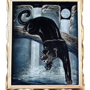 18&quot; x 22&quot; HAND PAINTED PANTHER Velvet painting , Framed , signed , Vintage painting , black panther , waterfall