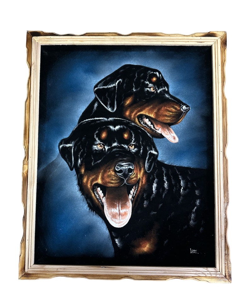 May include: A framed black velvet painting of two Rottweiler dogs. The dogs are facing forward with their tongues out. The background is a dark blue colour.