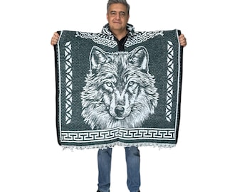 MEXICAN WOLF  PONCHO With Hood , One Size , Winter Poncho , Unisex ,Soft inside ,  Green