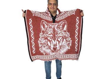 MEXICAN WOLF  PONCHO With Hood , One Size , Winter Poncho , Unisex ,Soft inside ,  Terracotta