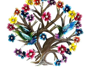 HANDPAINTED METAL TREE, Hummingbirds,  Outdoor, 3D, metal sculpture, indoor, patio decor, wall decor, made in Mexico, 17" x 19" . 01
