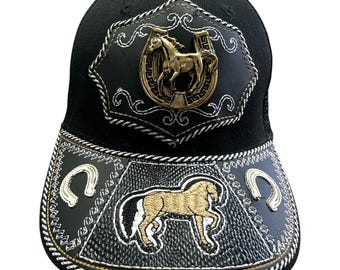 Cowboy Trucker Hat with Metal Horse Embellishment PU Leather Western Country HORSE Caballo Metal Plaque Western EMBROIDERED HAT  main image 4
