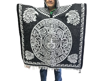 Mexican PONCHO With Hood , CALENDARIO AZTECA , One Size , Winter Poncho , Unisex ,Aztec calendar  B&W