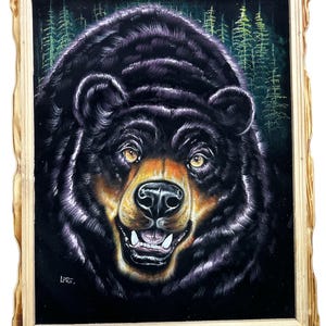 18&quot; x 22&quot; HAND PAINTED , Velvet painting , Framed , signed , Vintage painting ,  Black Bear