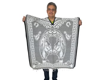 3XL MEXICAN HORSE PONCHO  , One Size , Winter Poncho , Unisex , horse , horseshoe , light gray & white