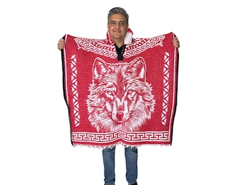 MEXICAN WOLF  PONCHO With Hood , One Size , Winter Poncho , Unisex ,Soft inside ,  Red