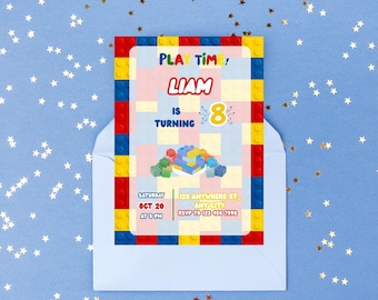 Building Blocks Birthday Invitation: Bricks Printable Party Invite, Editable Canva Template (Digital Download)