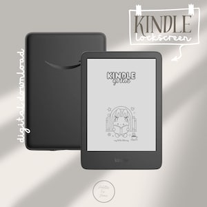 May include: A black Kindle e-reader with a matching cover. The screen displays a black and white illustration of a bunny reading, with the text "KINDLE guide" and "my little library". The words "KINDLE" and "lockscreen" are written above the device.