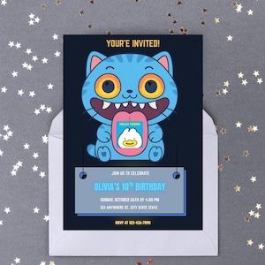 May include: A birthday invitation featuring a cartoon blue cat with large yellow eyes and a pink tongue. The invitation includes the text "YOUR'E INVITED!" and details for Olivia's 10th birthday, set against a dark blue background.
