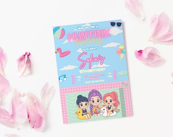 KPop Demon Hunters Inspired Birthday Pool Party Invitation Template, Huntrix Party Invitation, DIY Canva Fully Editable Invitation Template