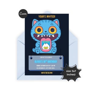 May include: A blue cat-themed birthday invitation with the text "YOUR'E INVITED!". The invitation includes details for Olivia's 10th birthday, with a size of 5x7 inches. The design features a cartoon cat and a duck.