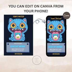 May include: A digital invitation design featuring a cartoon blue cat with a duck on its tongue. The invitation reads "YOU'RE INVITED!" and includes details for Olivia's 10th birthday. The design is shown on a phone and a print.