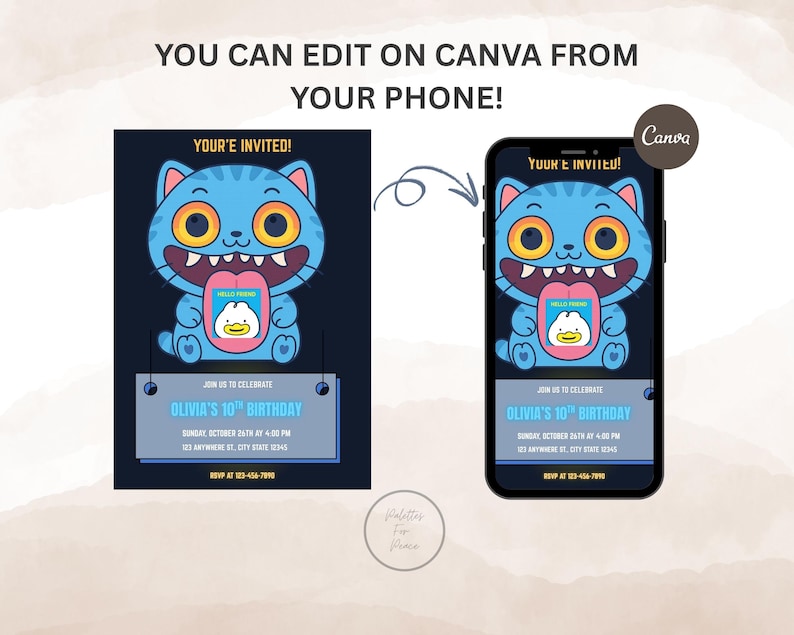 May include: A digital invitation design featuring a cartoon blue cat with a duck on its tongue. The invitation reads "YOU'RE INVITED!" and includes details for Olivia's 10th birthday. The design is shown on a phone and a print.