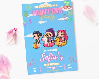 KPop Demon Hunters Inspired Birthday Pool Party Invitation Template, Huntrix Party Invitation, DIY Canva Fully Editable Invitation Template