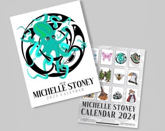 Calendrier artistique 2024 Michelle Stoney et feuille d'autocollants