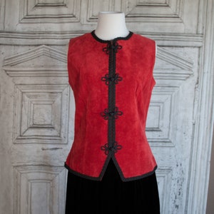 Vintage red leather suede Vest with pointed hem and Soutache embellishment  Margaret Godfrey