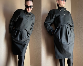 Vintage J.Tiktiner gray wool Suit 80s cropped Blazer stand collar Tulip midi corset Skirt Avant garde