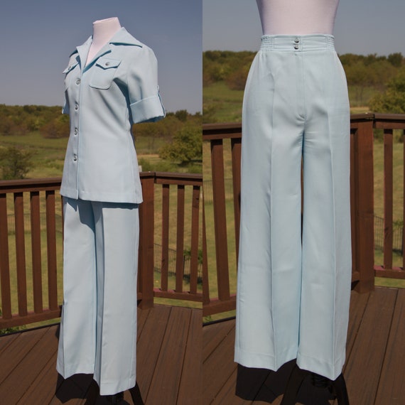 Vintage two piece Light blue Pants set 70s Flare … - image 1