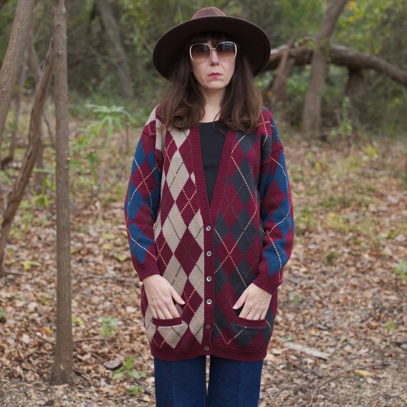 Vintage argyle print long sweater Cardigan color b