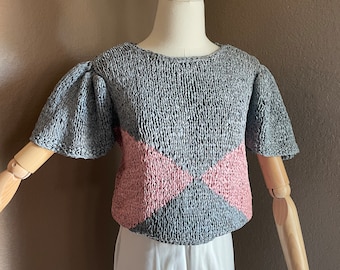 Vintage ribbon knit Sweater pullover textured chunky pastel Short sleeves
