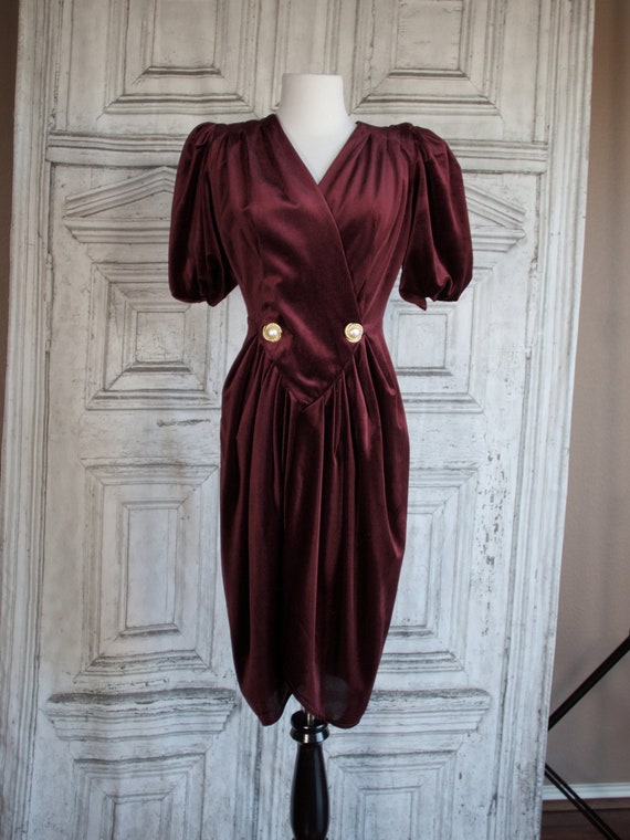 Vintage velveteen wrap effect Burgundy dress Puff