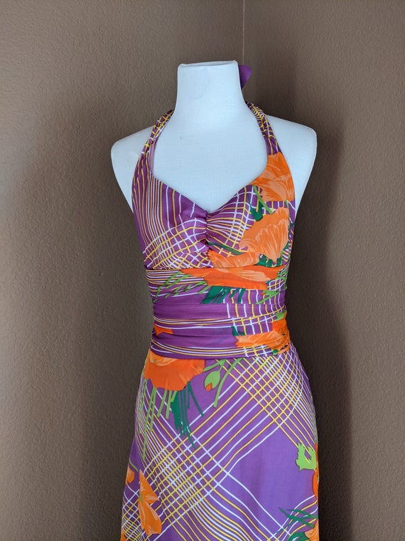 Vintage maxi halterneck dress 70s purple with big… - image 7
