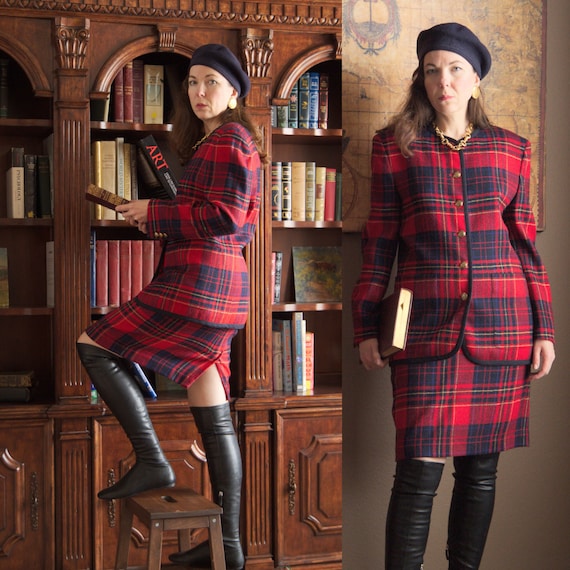 Vintage Liz Claiborne Collection 90s Red Plaid Skirt Blazer Suit Wool Blend Etsy