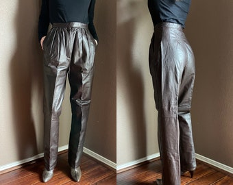 Vintage 80s brown leather pleated Trousers High waist West Bay tapered W26